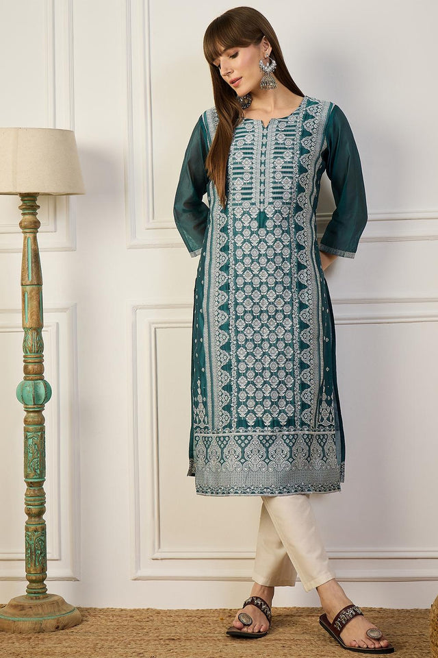 Turquoise Floral Embroidered Cotton Silk Long Kurtis (ACA5837)