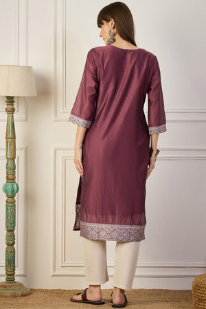 Lavender Floral Embroidered Cotton Silk Long Kurtis (ACA5838)