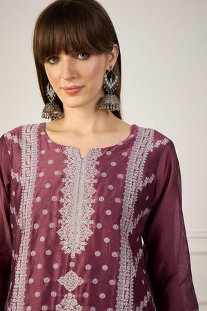 Lavender Floral Embroidered Cotton Silk Long Kurtis (ACA5838)