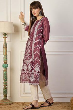 Lavender Floral Embroidered Cotton Silk Long Kurtis (ACA5838)