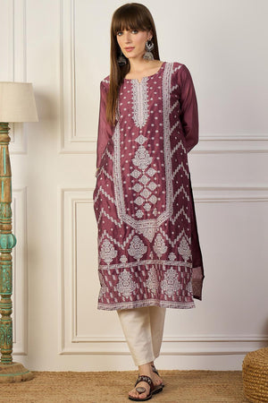 Lavender Floral Embroidered Cotton Silk Long Kurtis (ACA5838)