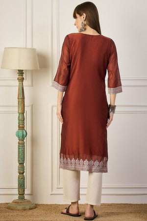 Orange Floral Embroidered Cotton Silk Long Kurtis (ACA5839)