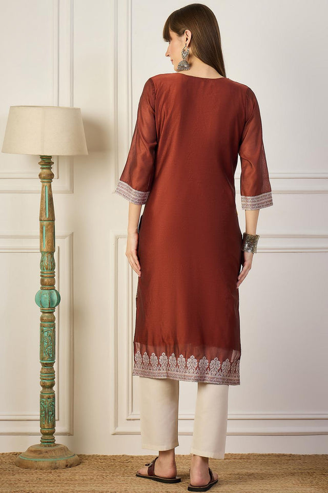 Orange Floral Embroidered Cotton Silk Long Kurtis (ACA5839)