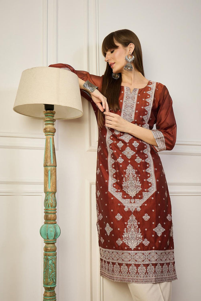 Orange Floral Embroidered Cotton Silk Long Kurtis (ACA5839)
