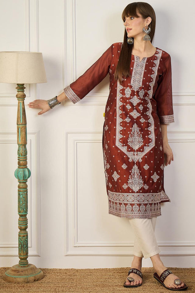 Orange Floral Embroidered Cotton Silk Long Kurtis (ACA5839)