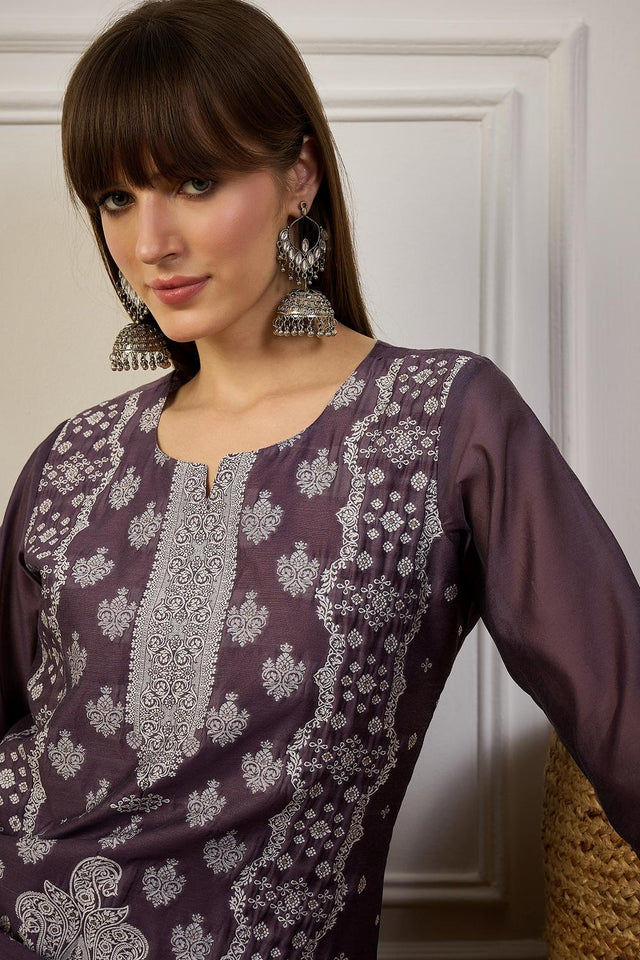 Violet Floral Embroidered Cotton Silk Long Kurtis (ACA5840)