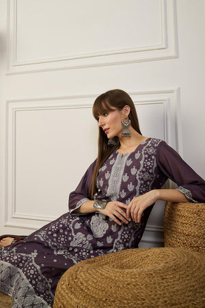Violet Floral Embroidered Cotton Silk Long Kurtis (ACA5840)