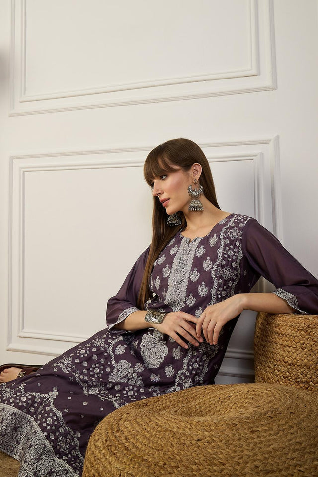 Violet Floral Embroidered Cotton Silk Long Kurtis (ACA5840)