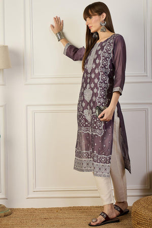 Violet Floral Embroidered Cotton Silk Long Kurtis (ACA5840)