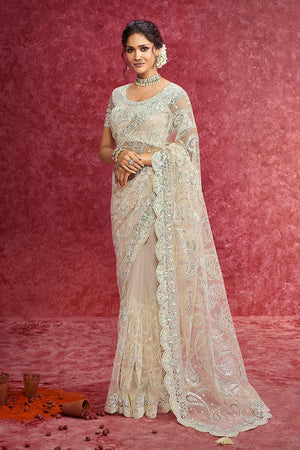 Off White Sequin with Embroidered Net Saree (ACA5841)