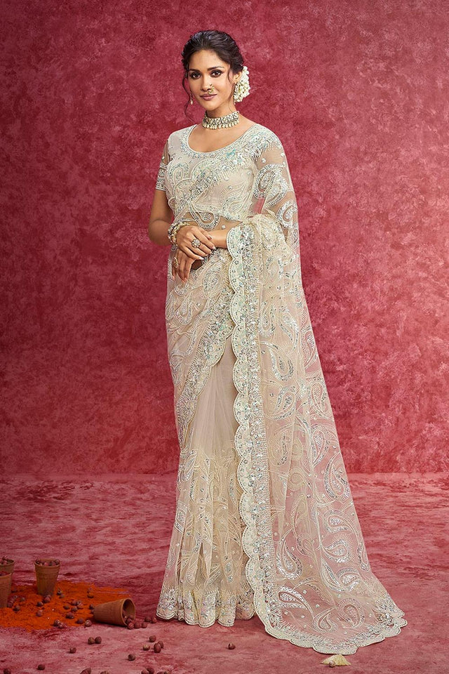 Off White Sequin with Embroidered Net Saree (ACA5841)