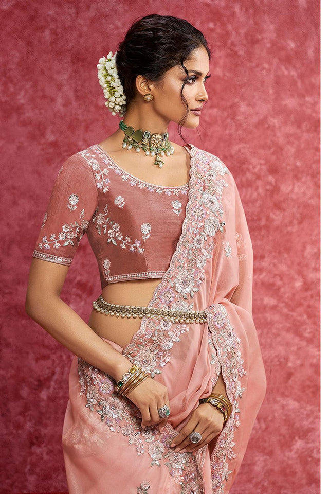 Peach Sequin with Embroidered Chiffon Saree (ACA5842)
