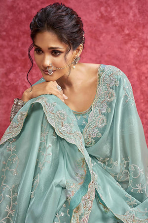 Blue Sequin with Embroidered Net Saree