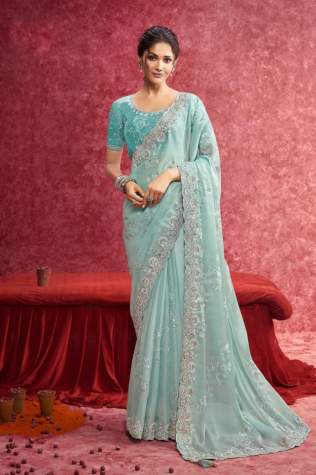 Blue Sequin with Embroidered Net Saree