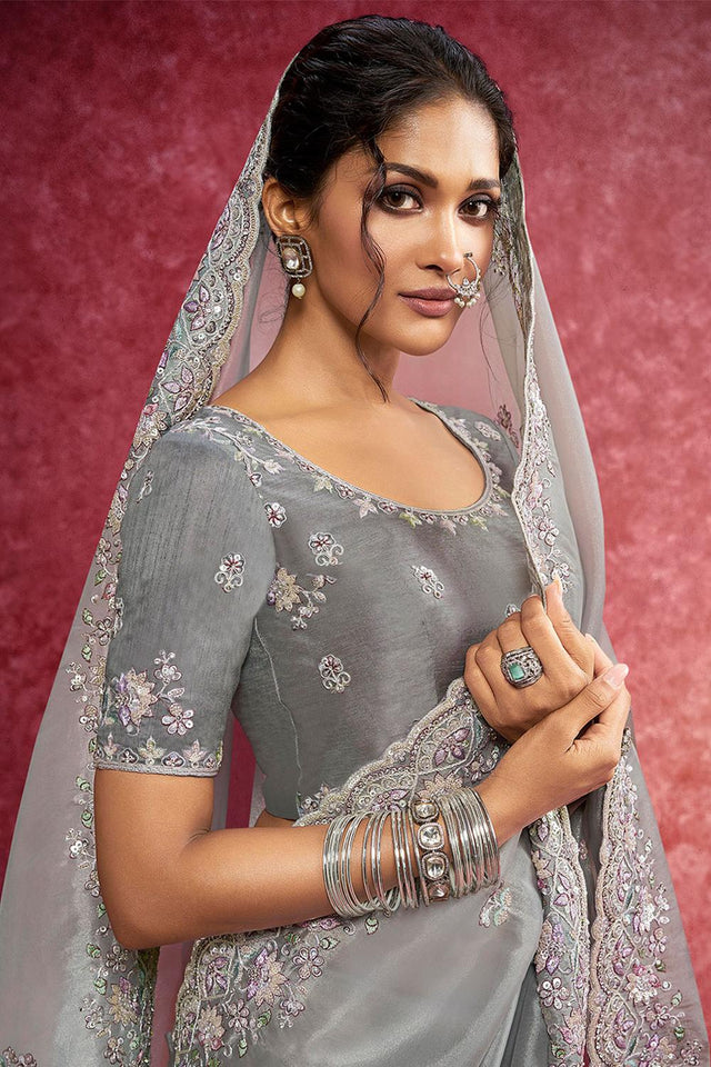 Grey Sequin with Embroidered Silk Saree (ACA5845)
