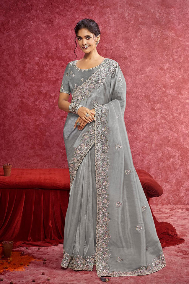 Grey Sequin with Embroidered Silk Saree (ACA5845)