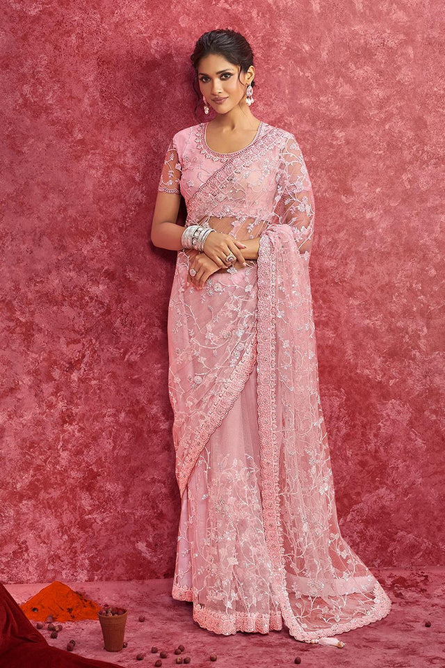 Pink Sequin with Embroidered Net Saree (ACA5846)