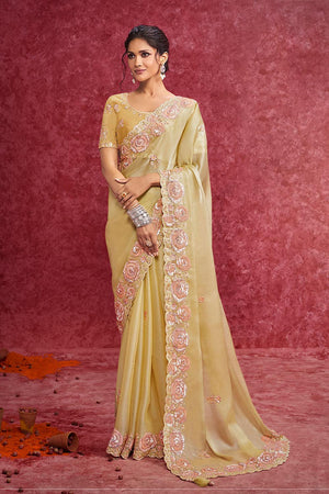 Yellow Sequin with Embroidered Satin Saree (ACA5847)