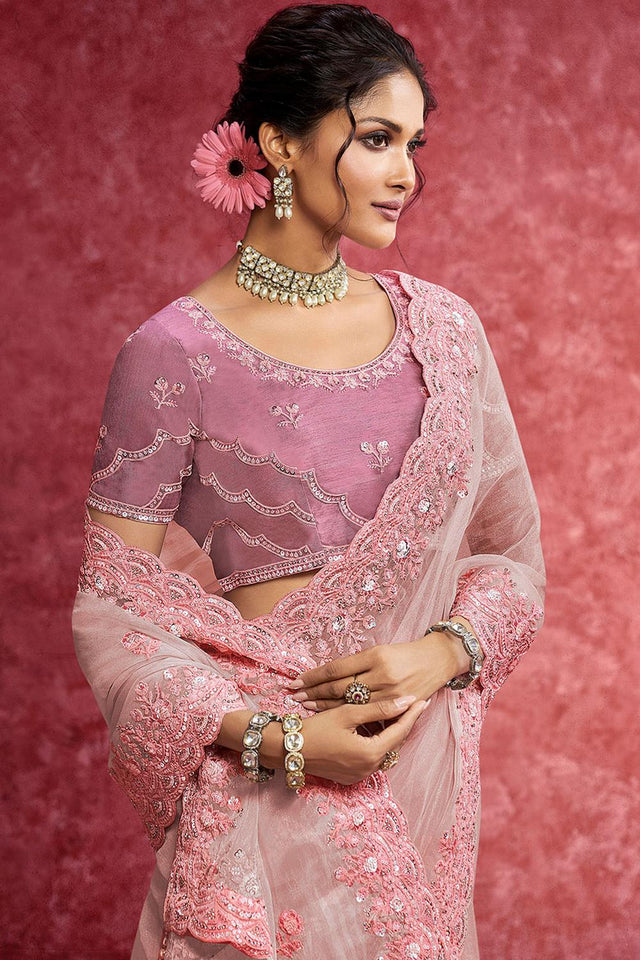 Light Pink Sequin with Embroidered Organza Saree