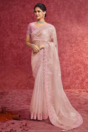 Light Pink Sequin with Embroidered Organza Saree