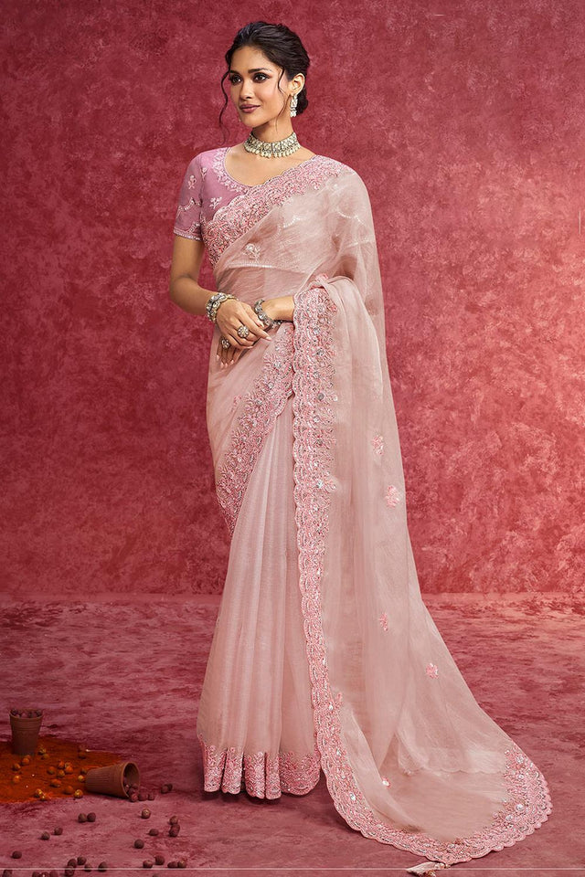 Light Pink Sequin with Embroidered Organza Saree