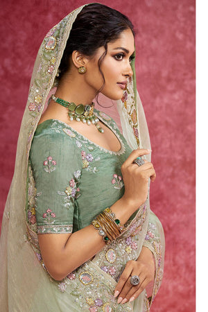 Green Sequin with Embroidered Organza Saree (ACA5849)