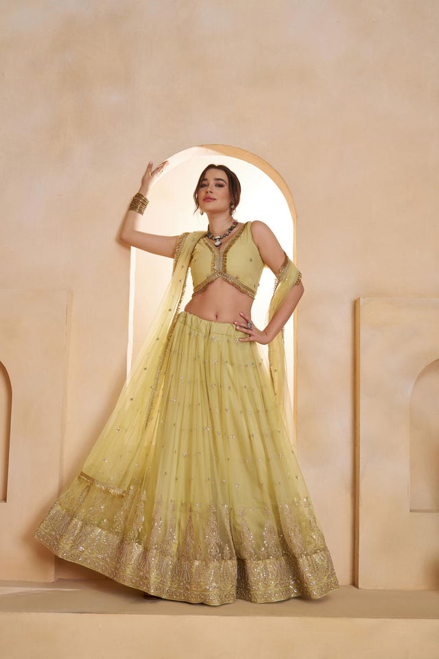 Yellow Sequin with Embroidered Net Lehenga (ACA5856)