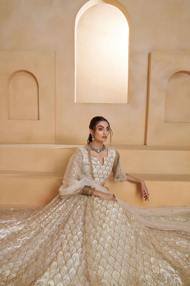 Off White Sequin with Embroidered Net Lehenga (ACA5857)