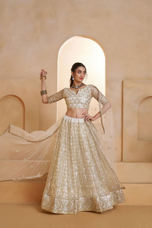 Off White Sequin with Embroidered Net Lehenga (ACA5857)