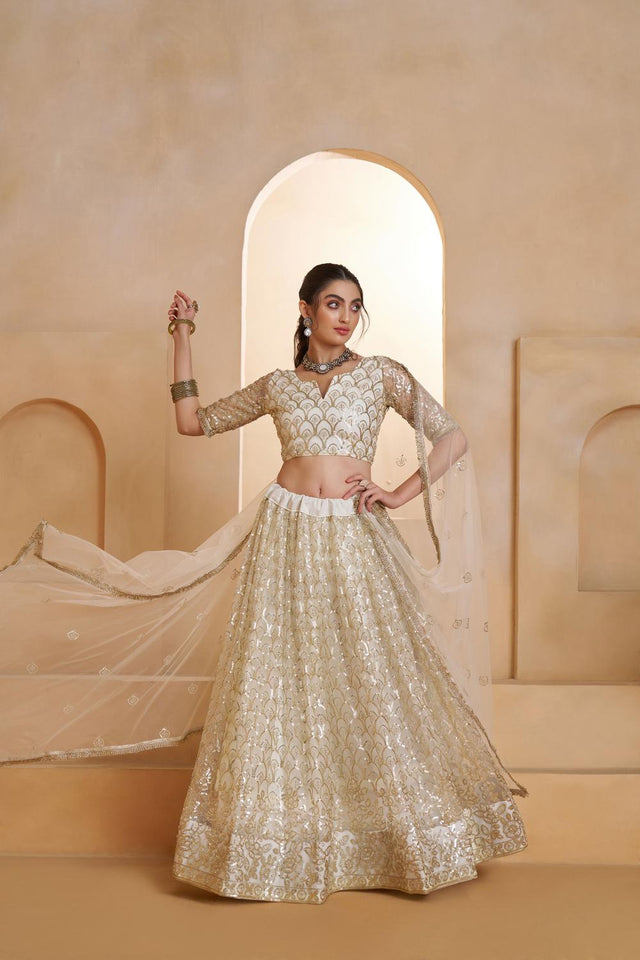 Off White Sequin with Embroidered Net Lehenga (ACA5857)