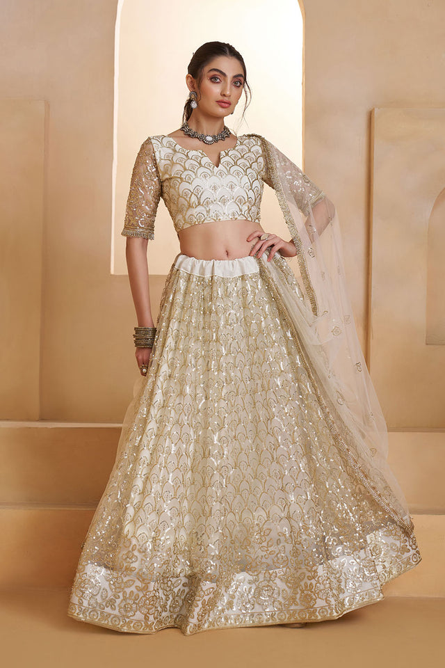 Off White Sequin with Embroidered Net Lehenga (ACA5857)