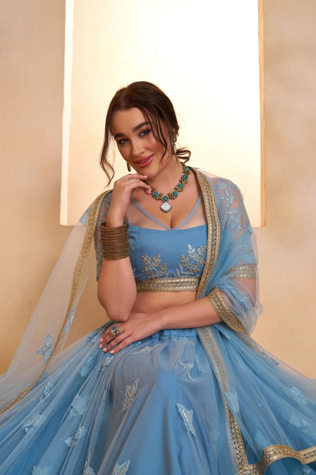 Blue Sequin with Embroidered Net Lehenga (ACA5858)