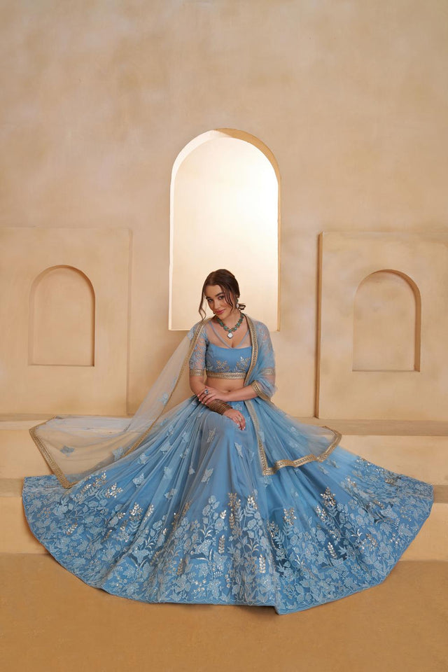 Blue Sequin with Embroidered Net Lehenga (ACA5858)