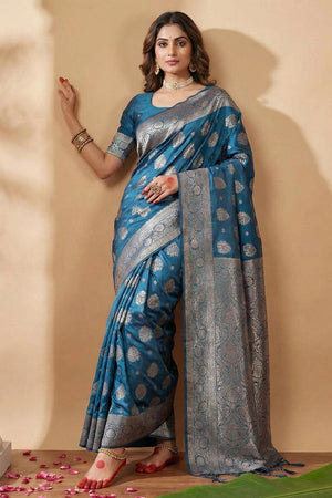 Turquoise Woven Silk Blend Saree (ACA5859)