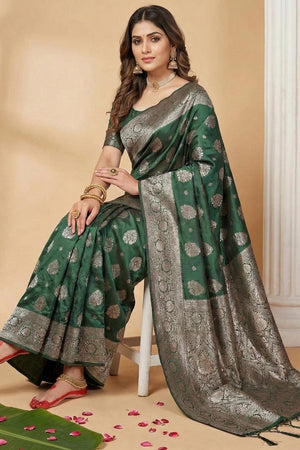 Dark Green Woven Silk Blend Saree (ACA5860)