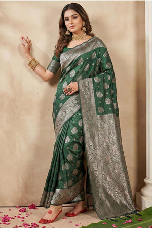 Dark Green Woven Silk Blend Saree (ACA5860)