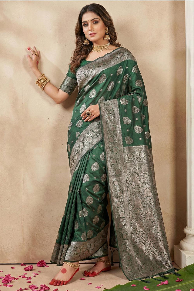 Dark Green Woven Silk Blend Saree (ACA5860)