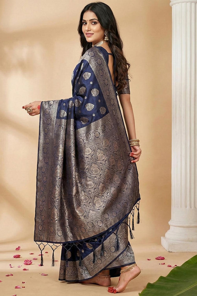 Navy Blue Woven Silk Blend Saree (ACA5861)
