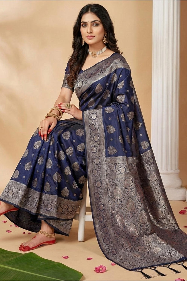 Navy Blue Woven Silk Blend Saree (ACA5861)