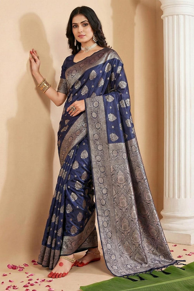 Navy Blue Woven Silk Blend Saree (ACA5861)