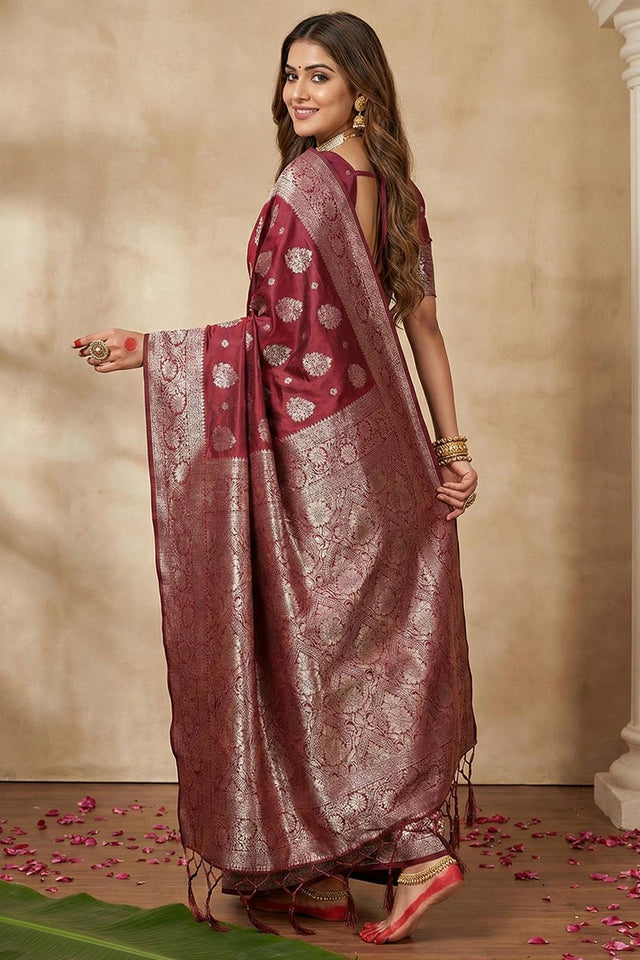 Maroon Woven Silk Blend Saree (ACA5862)