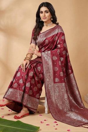 Maroon Woven Silk Blend Saree (ACA5862)