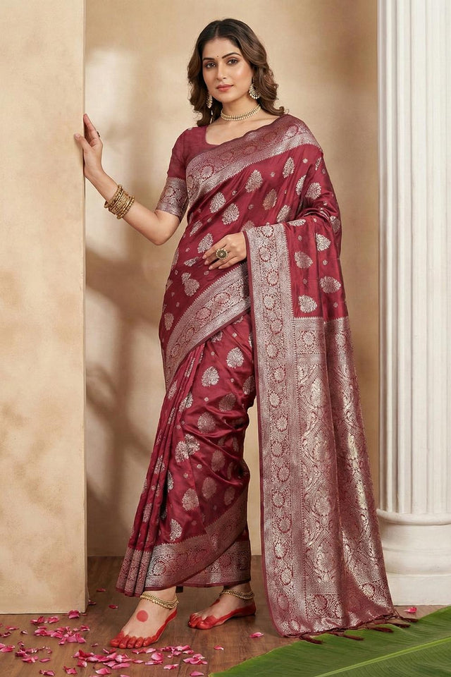 Maroon Woven Silk Blend Saree (ACA5862)