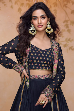 Free Size Stitched Blue Floral Embroidered Chinon Co-Ord Set (ACA5865)