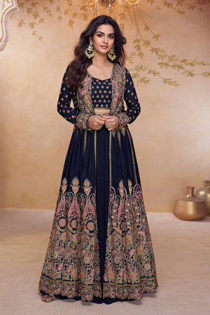 Free Size Stitched Blue Floral Embroidered Chinon Co-Ord Set (ACA5865)