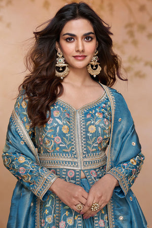 Free Size Stitched Sky Blue Floral Embroidered Silk Co-Ord Set (ACA5866)