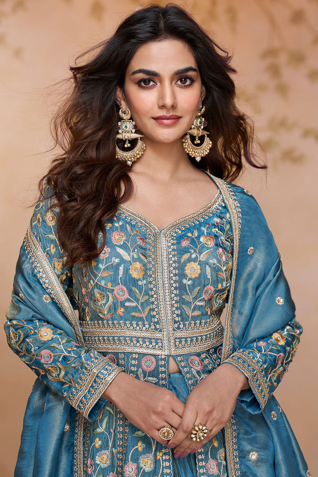 Free Size Stitched Sky Blue Floral Embroidered Silk Co-Ord Set (ACA5866)