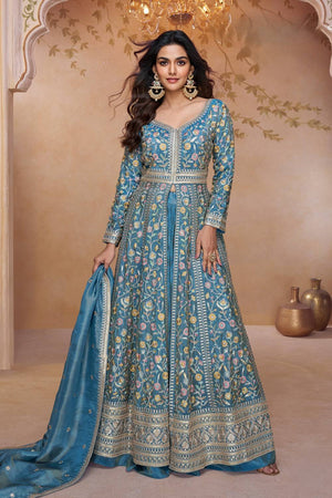 Free Size Stitched Sky Blue Floral Embroidered Silk Co-Ord Set (ACA5866)