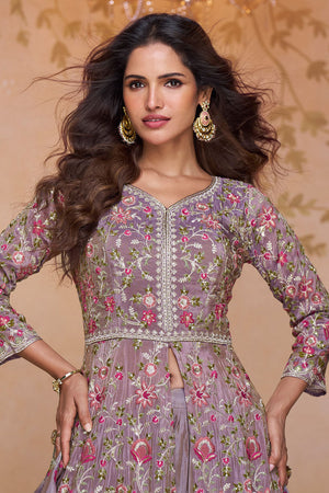 Free Size Stitched Lavender Floral Embroidered Silk Co-Ord Set (ACA5867)