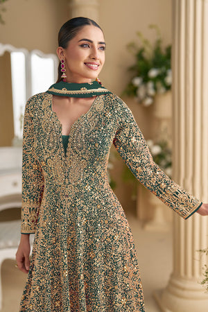 Free Size Stitched Green Sequin with Embroidered Georgette Gown (ACA5869)